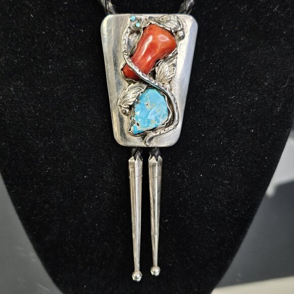 Navajo Turquise Coral Sterling Bolo Tie Snake 925 Silver Tips Simplicio Zuni USA - Picture 11 of 11